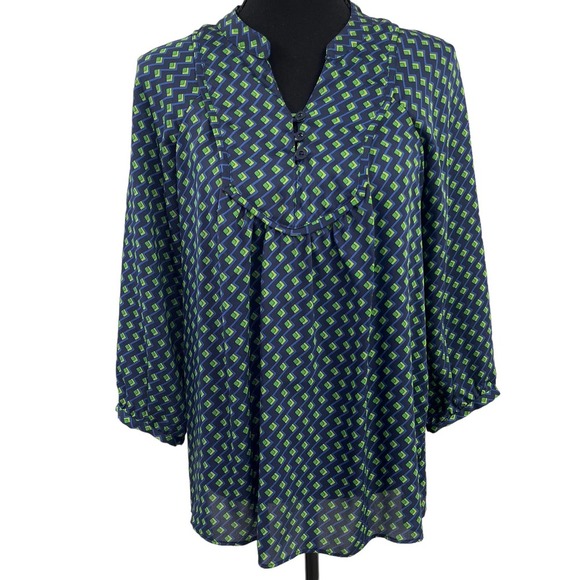 Shoshanna Navy Green Geometric Print Button 3/4 Sleeve Top 0 - Picture 1 of 5